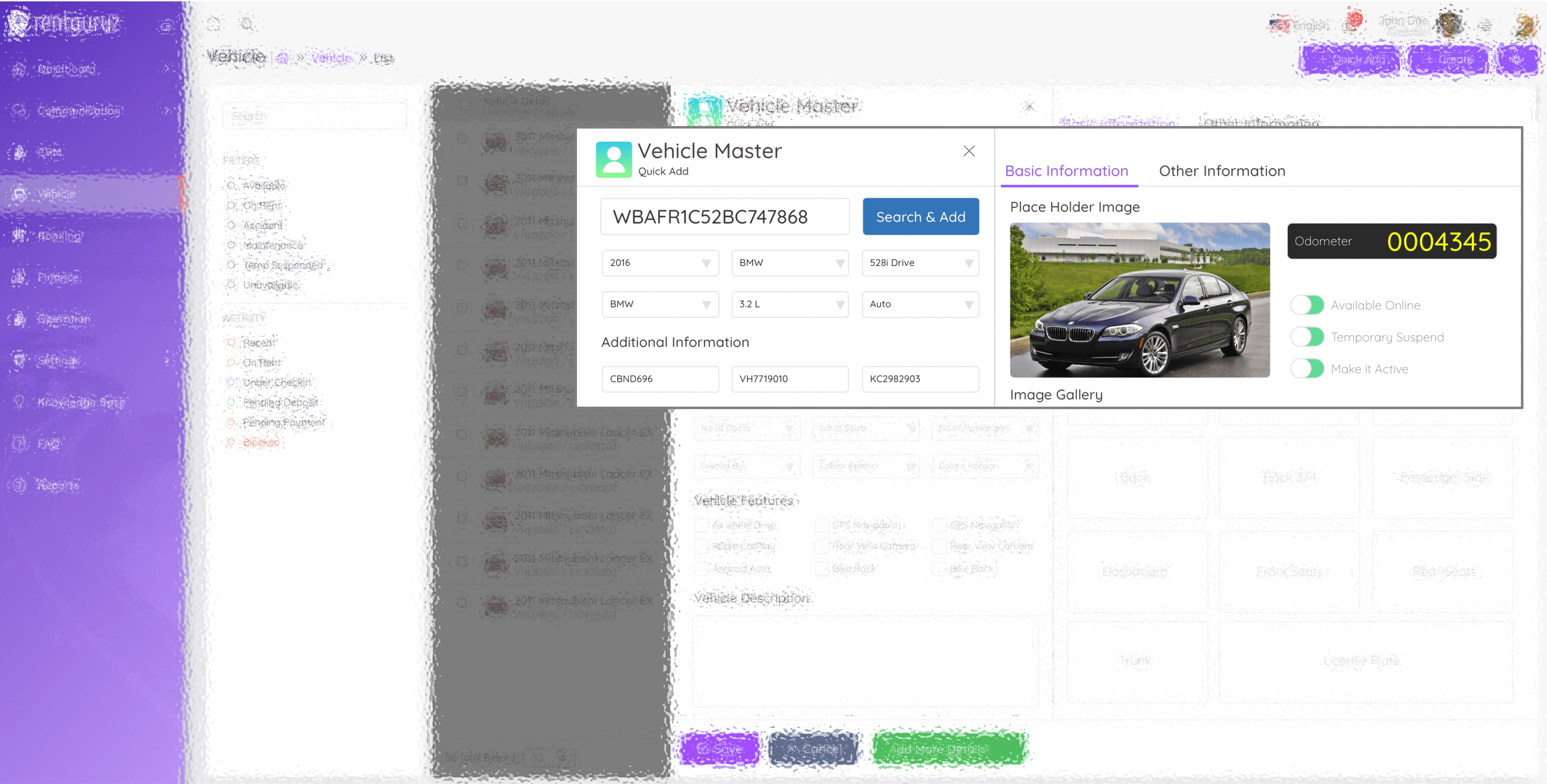 The RentGuruz vehicle master module, displaying the fleet of vehicles created through the VIN.